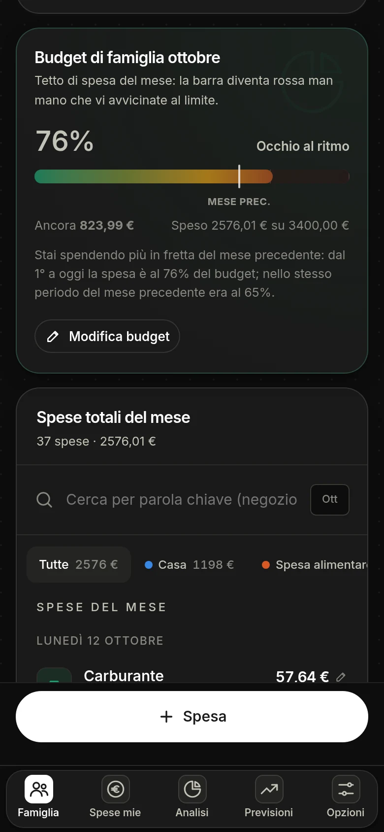 Schermata di Dividi Spesa: il budget di famiglia del mese con la barra dal verde al rosso, il confronto con il mese precedente e il campo per impostare un nuovo budget