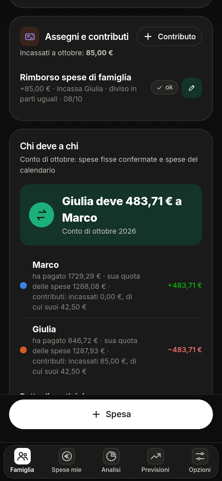 Schermata di Dividi Spesa: il conto del mese con la cifra che uno dei due deve all'altro e la scheda degli assegni e contributi incassati
