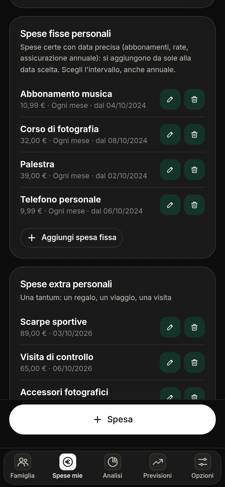 Schermata di Dividi Spesa: le spese fisse personali, come palestra e abbonamenti, e le spese extra una tantum nella sezione Spese mie