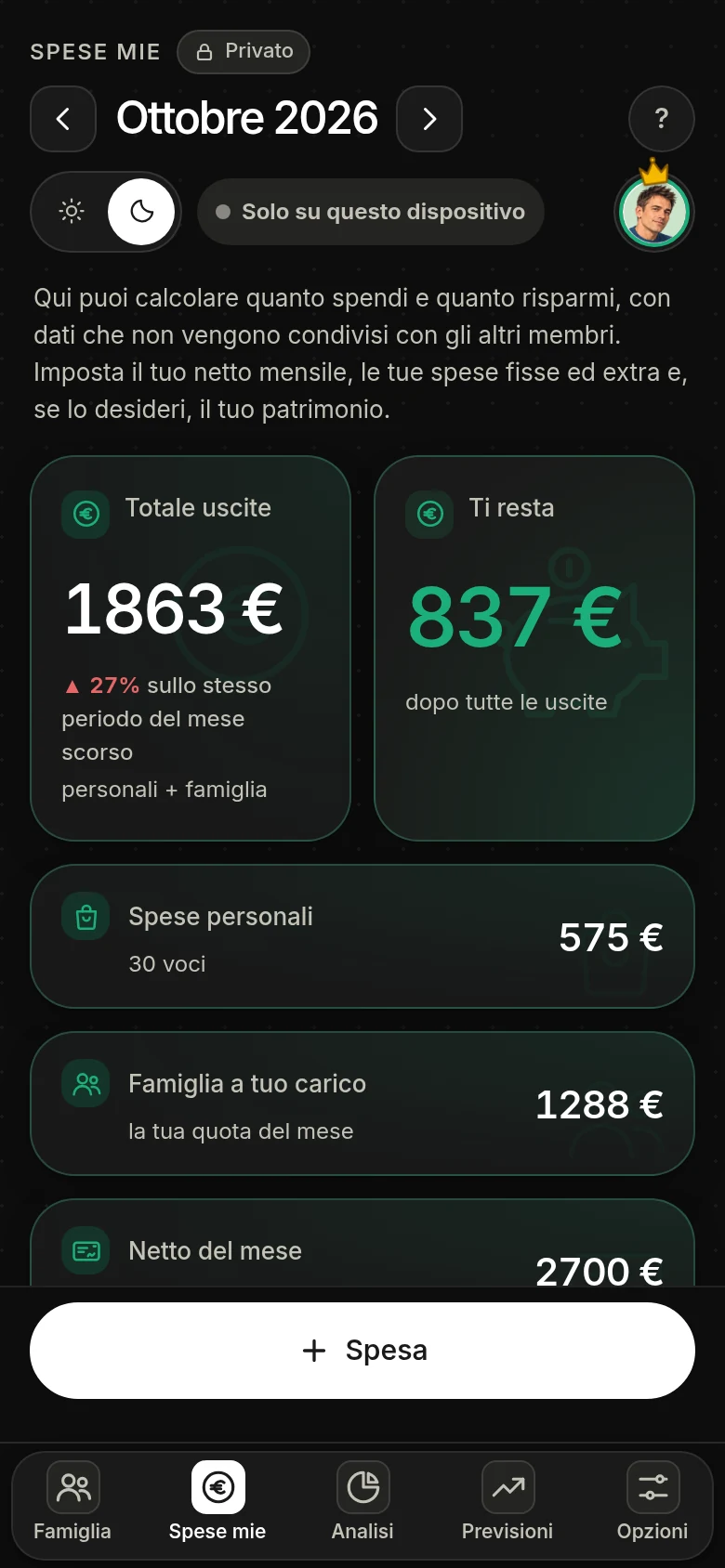 Schermata di Dividi Spesa: la sezione Spese mie con la barra del budget personale e il calendario delle spese di ogni giorno, visibile solo al titolare