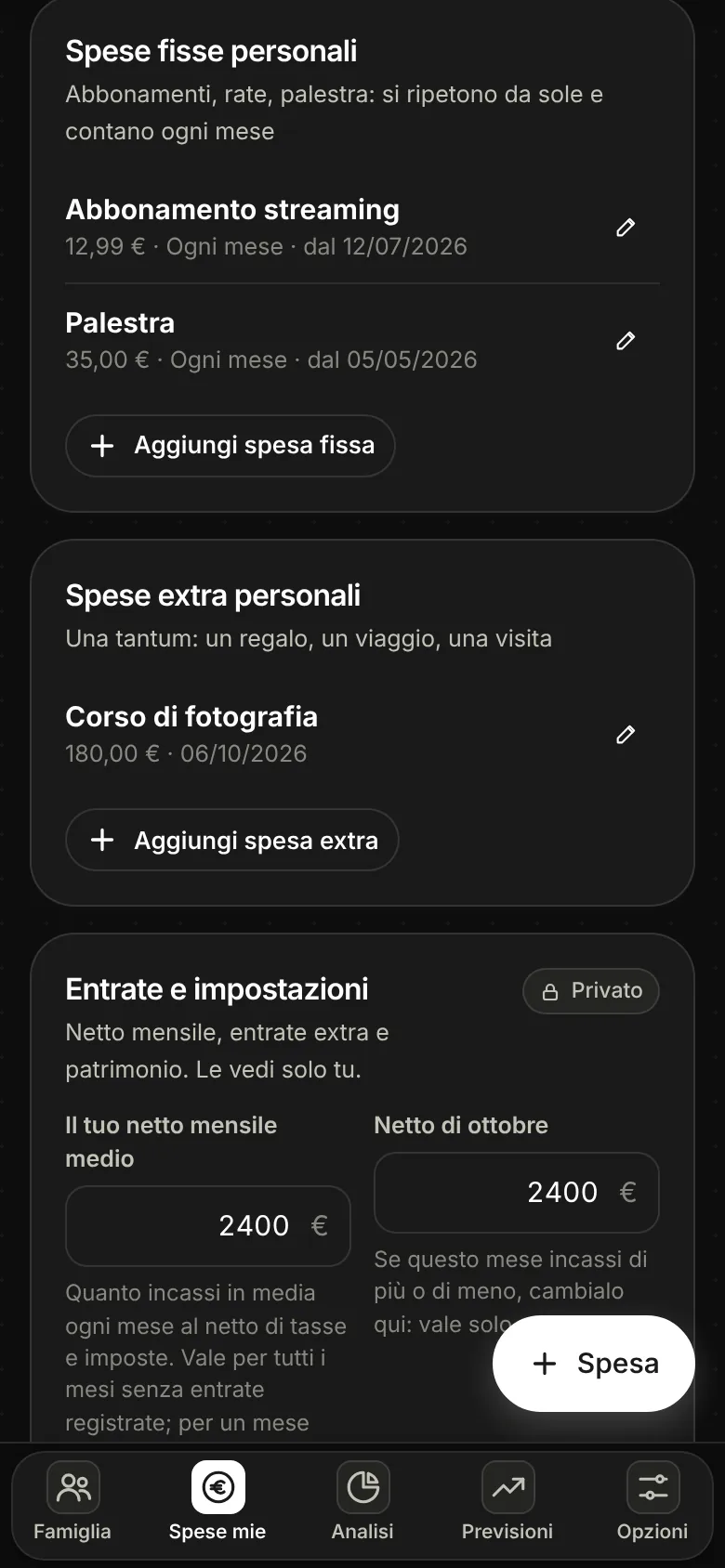 Schermata di Dividi Spesa: le spese fisse personali, come palestra e abbonamenti, e le spese extra una tantum nella sezione Spese mie