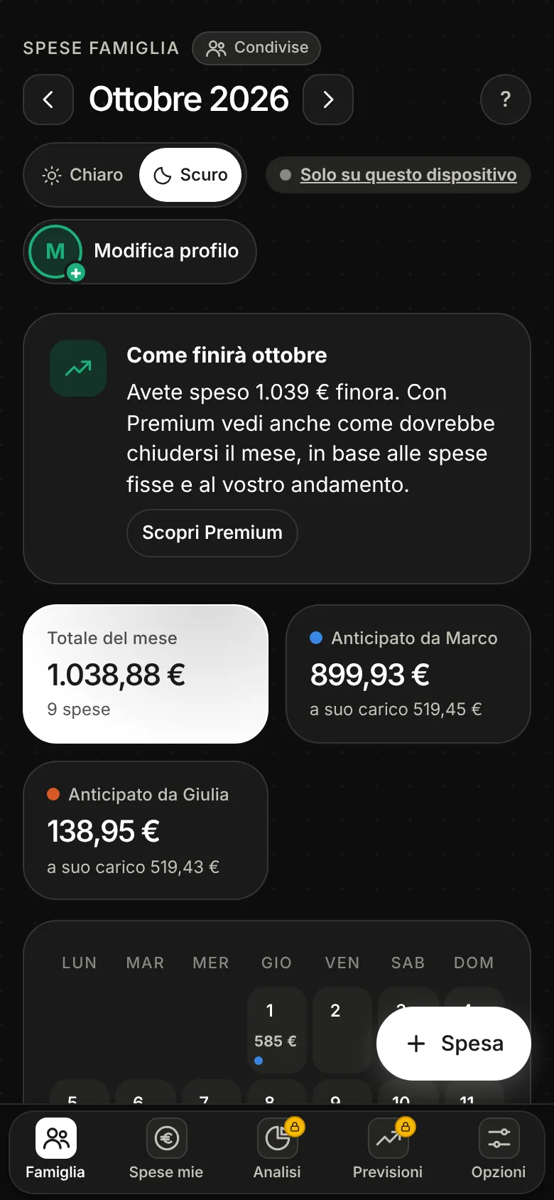 Schermata di Dividi Spesa: il calendario del mese con le spese di ogni giorno e quanto ha anticipato ciascun membro della famiglia