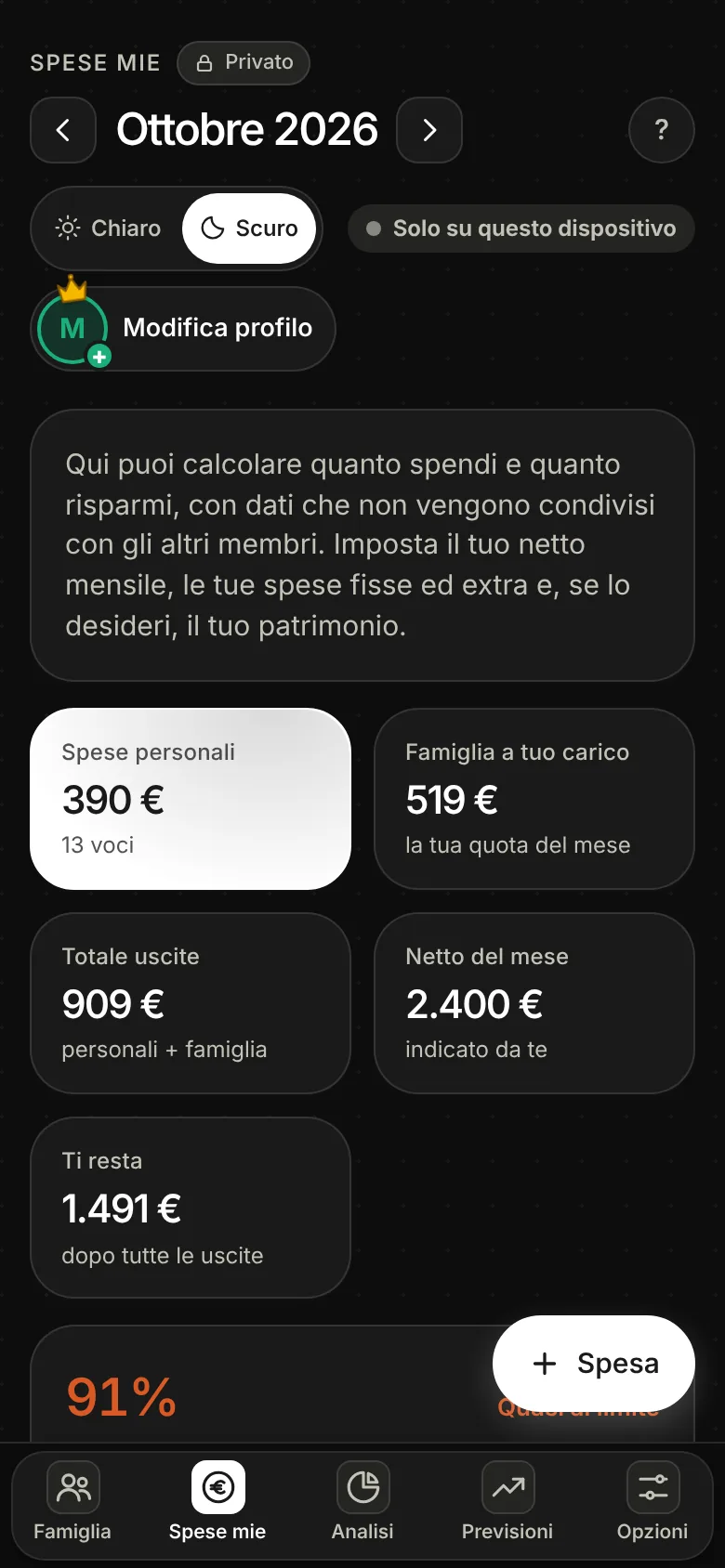 Schermata di Dividi Spesa: la sezione Spese mie con le entrate nette mensili, il patrimonio e quanto resta in tasca ogni mese dopo le spese a proprio carico